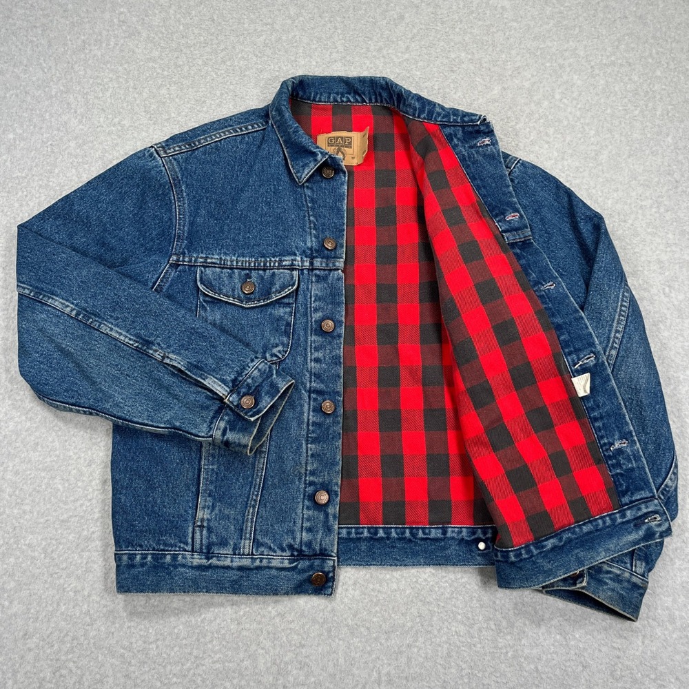 Vintage 90s GAP Trucker Jacket Mens Large Blue Buffalo Plaid Flannel Lined Denim